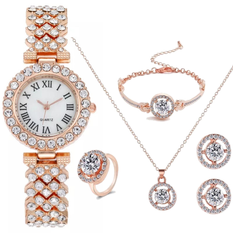 Women Watch Jewelry 5 Pcs Set - Watch Necklace Bracelet Earrings Ring - H128 - Tuzzut.com Qatar Online Shopping