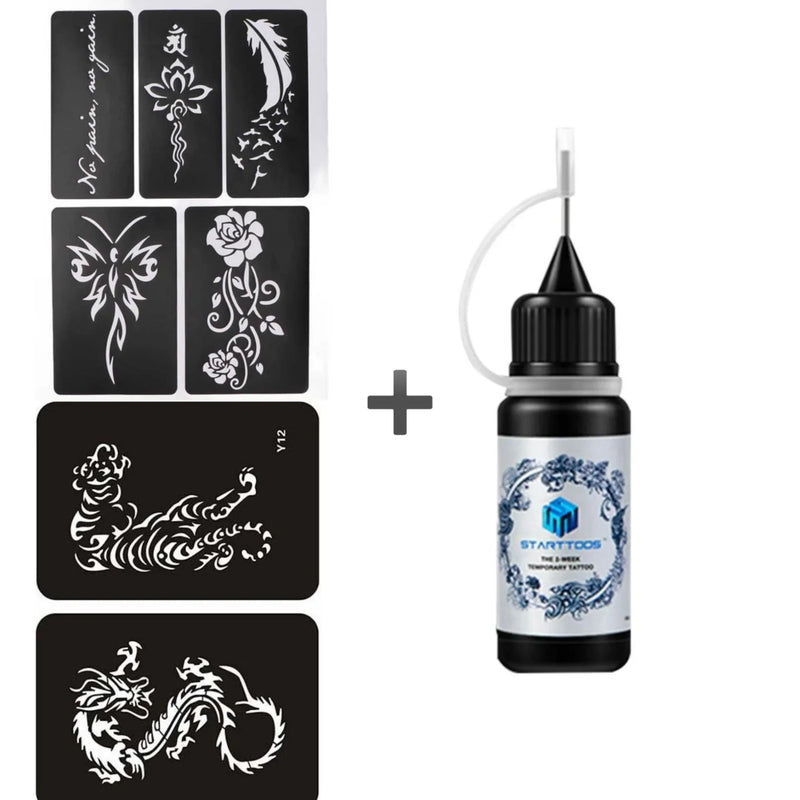 1Set Temporary Tattoo Organic Liquid With Stencil DIY For Body Tattoo Painting Safe Waterproof Lasting Tattoo Cream - Tuzzut.com Qatar Online Shopping