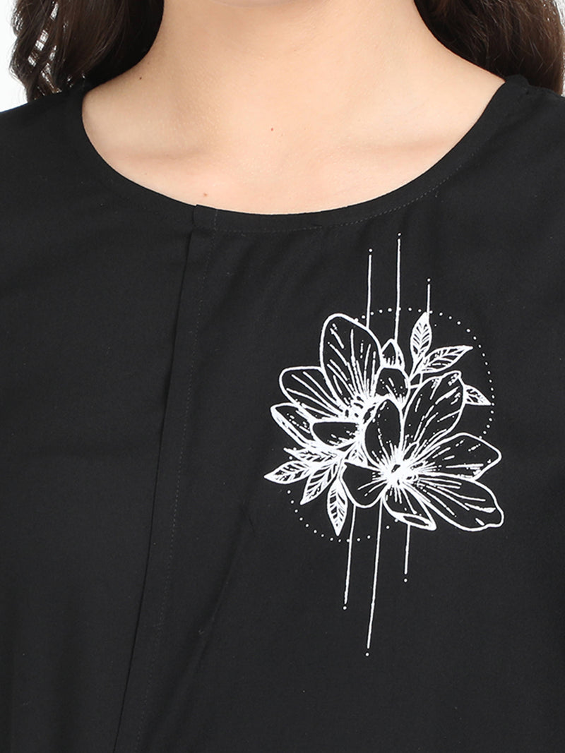Women Black Single flower print casual Short Top - Tuzzut.com Qatar Online Shopping