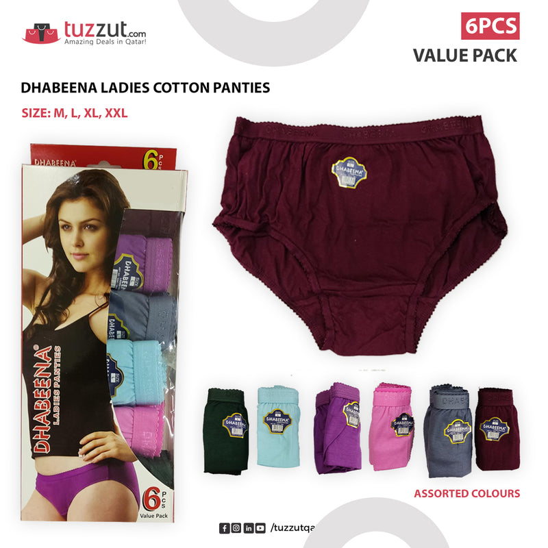 Dhabeena Ladies Cotton Panties - 6 Pcs Value Pack - Assorted Colours - TUZZUT Qatar Online Store