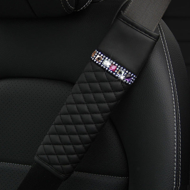 Leather Diamond Rhinestone Car Seat Belt Cover Breathable Braided Plaid Auto Shoulder Protector Universal Accessories for Women S4551546 - Tuzzut.com Qatar Online Shopping