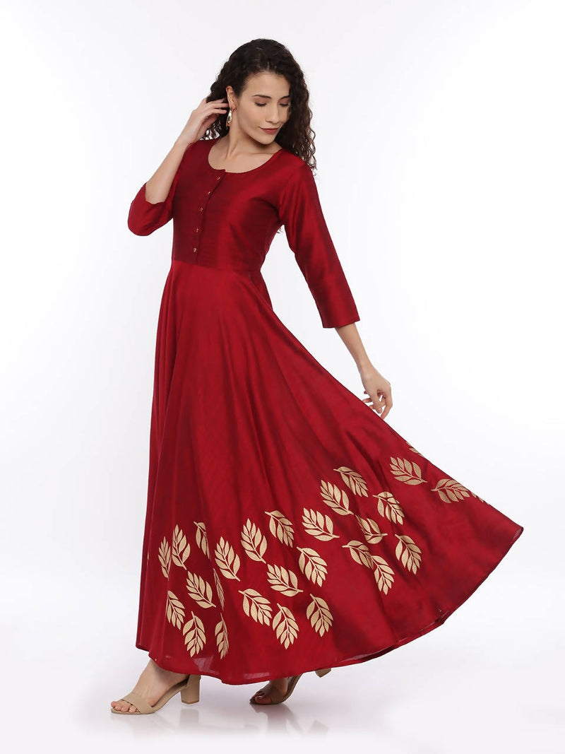 Women Maroon Cotton Silk Dress - Tuzzut.com Qatar Online Shopping