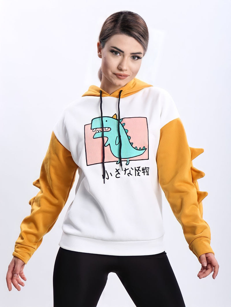 Turkish Dinosaur Cartoon Hoodie Women Fashion Sweatshirt - Yellow - Tuzzut.com Qatar Online Shopping