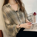 Spring Autumn Vintage Classic Plaid Polo-neck Casual Blouse Femme Long Sleeve Loose Cardigan Shirt M X3497407 - Tuzzut.com Qatar Online Shopping