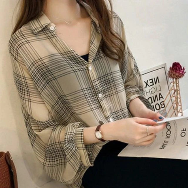 Spring Autumn Vintage Classic Plaid Polo-neck Casual Blouse Femme Long Sleeve Loose Cardigan Shirt M X3497407 Spring Autumn Vintage Classic Plaid Polo-neck Casual Blouse Femme Long Sleeve Loose Cardigan Shirt M X3497407