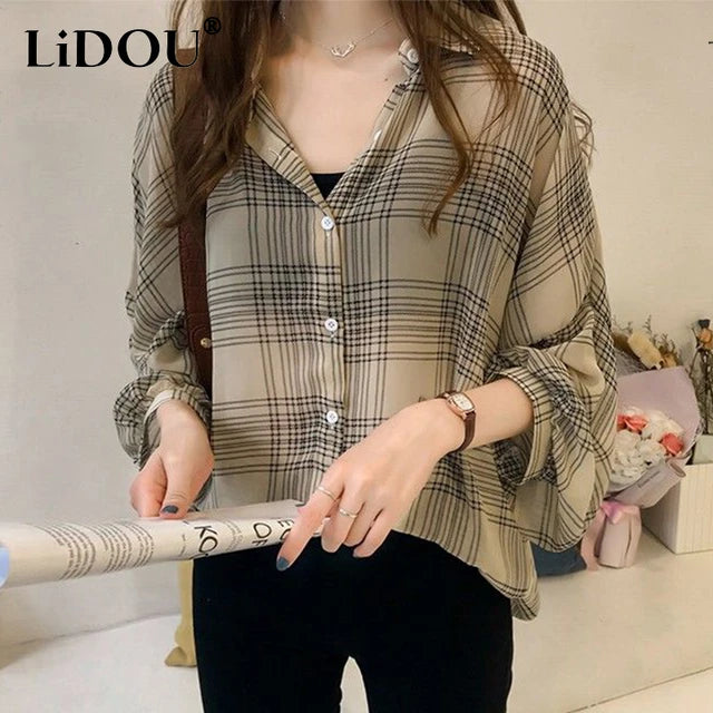 Spring Autumn Vintage Classic Plaid Polo-neck Casual Blouse Femme Long Sleeve Loose Cardigan Shirt M X3497407 Spring Autumn Vintage Classic Plaid Polo-neck Casual Blouse Femme Long Sleeve Loose Cardigan Shirt M X3497407