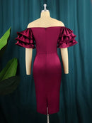 Women Satin Party Dress Slash Neck Short Puff Sleeve Shoulder Bodycon Clubwear Summer Event S4653623 - Tuzzut.com Qatar Online Shopping