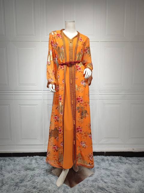 Chiffon Print Belted Kaftan Gown Modestwear Abaya Dress - Tuzzut.com Qatar Online Shopping