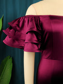 Women Satin Party Dress Slash Neck Short Puff Sleeve Shoulder Bodycon Clubwear Summer Event S4653623 - Tuzzut.com Qatar Online Shopping