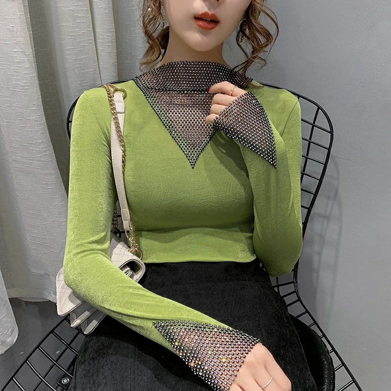 Women's V-Neck Long Sleeve Shiny T-Shirt Korean Style Top R2446 Women's V-Neck Long Sleeve Shiny T-Shirt Korean Style Top R2446
