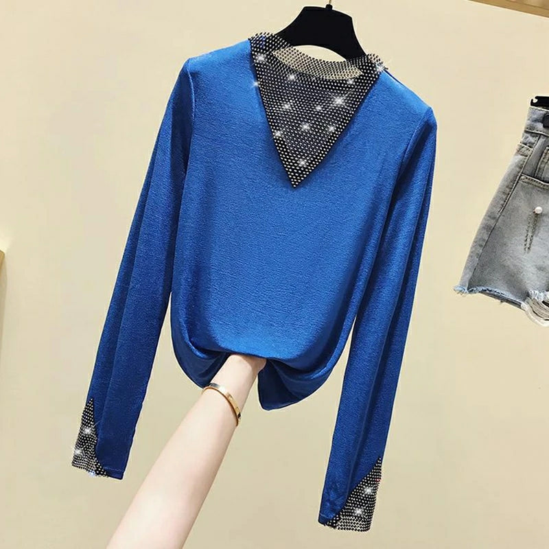Women's V-Neck Long Sleeve Shiny T-Shirt Korean Style Top R2446 - Tuzzut.com Qatar Online Shopping