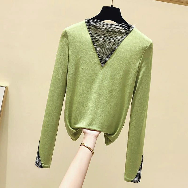Women's V-Neck Long Sleeve Shiny T-Shirt Korean Style Top R2446 - Tuzzut.com Qatar Online Shopping