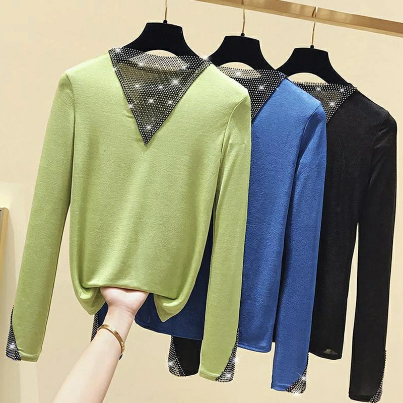 Women's V-Neck Long Sleeve Shiny T-Shirt Korean Style Top R2446 Women's V-Neck Long Sleeve Shiny T-Shirt Korean Style Top R2446