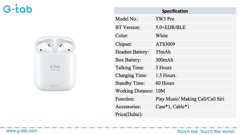 G-tab TW3 Pro Wireless Stereo V5.0 Bluetooth Headset with Charging Case + Free Silicon Case - Tuzzut.com Qatar Online Shopping