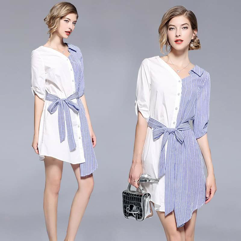 Women’s Summer Fashion Party Elegant Stitching Striped Irregular Shirt Bow Tie Loose Dresses CT561 Women’s Summer Fashion Party Elegant Stitching Striped Irregular Shirt Bow Tie Loose Dresses CT561
