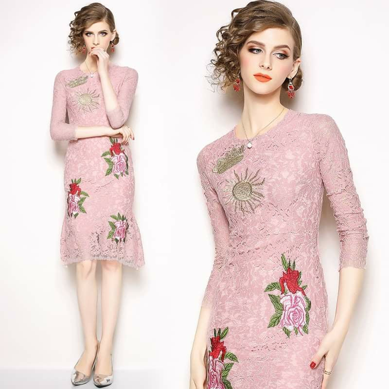Women’s Golden Sun Pin Red Flower Embroidery Pink Lace Slim Hollow Out Dresses LK55 Women’s Golden Sun Pin Red Flower Embroidery Pink Lace Slim Hollow Out Dresses LK55