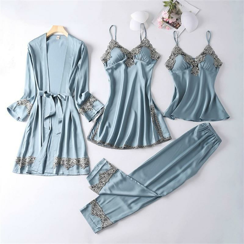 4 Pcs Satin Sleepwear Lady Nightgown Suit - Tuzzut.com Qatar Online Shopping