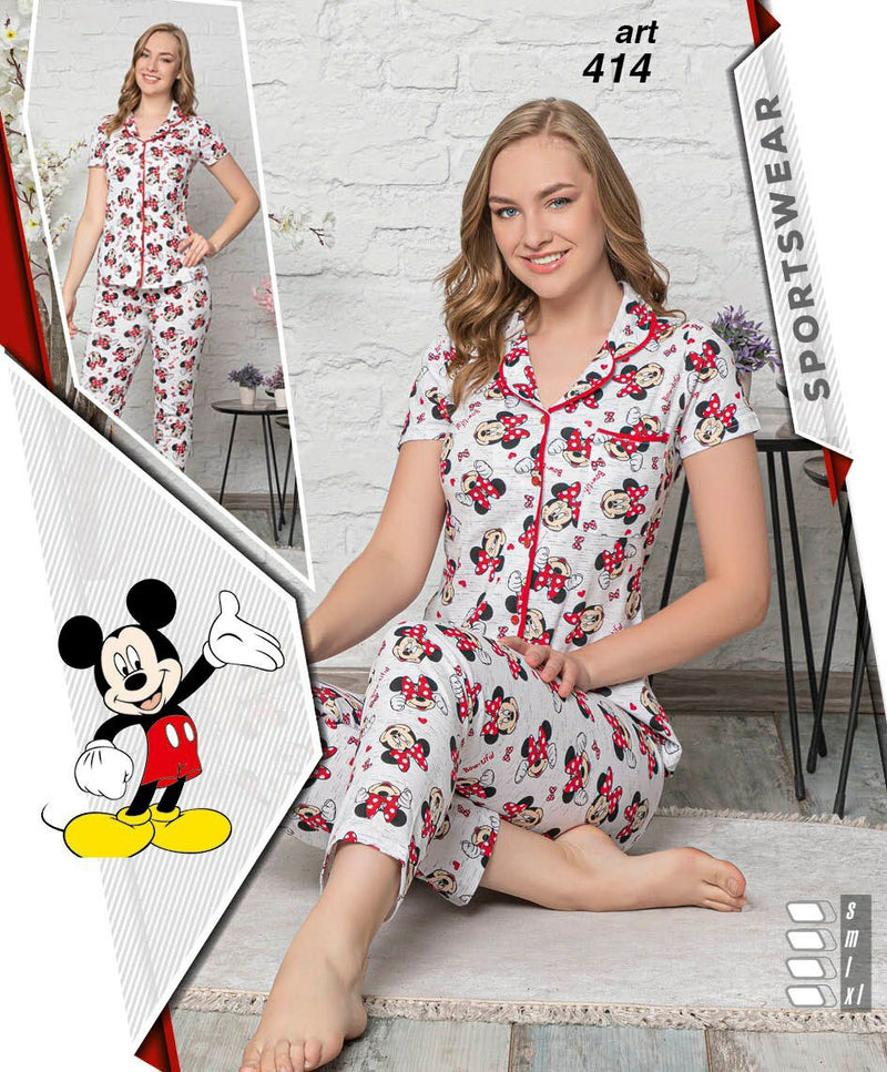 Women's Micky Mouse Night Suit/ Pyjama set Red - 414 - Tuzzut.com Qatar Online Shopping