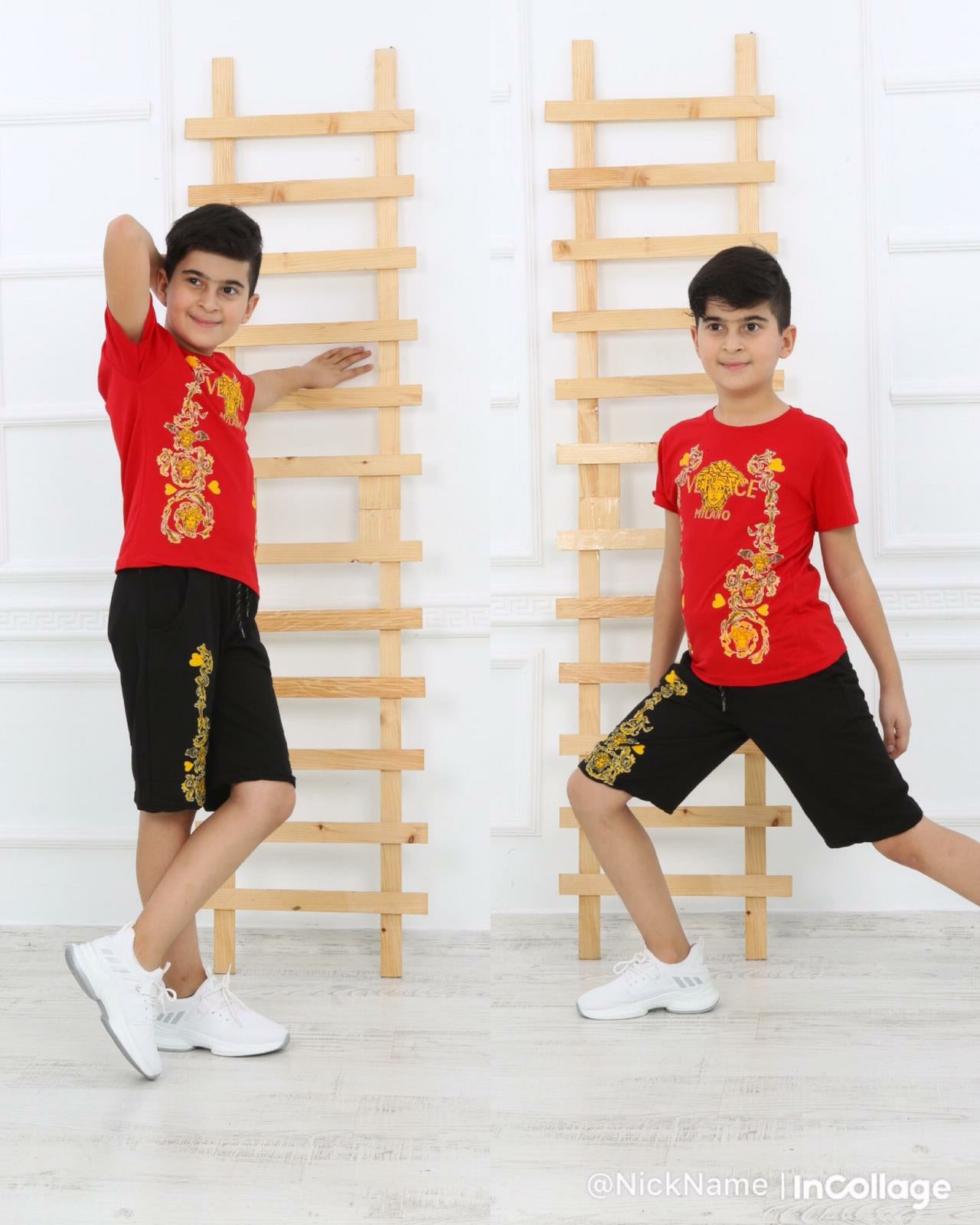 Casual T-Shirt Shorts Versace for Boys Set - Red TK6600 Casual T-Shirt Shorts Versace for Boys Set - Red TK6600