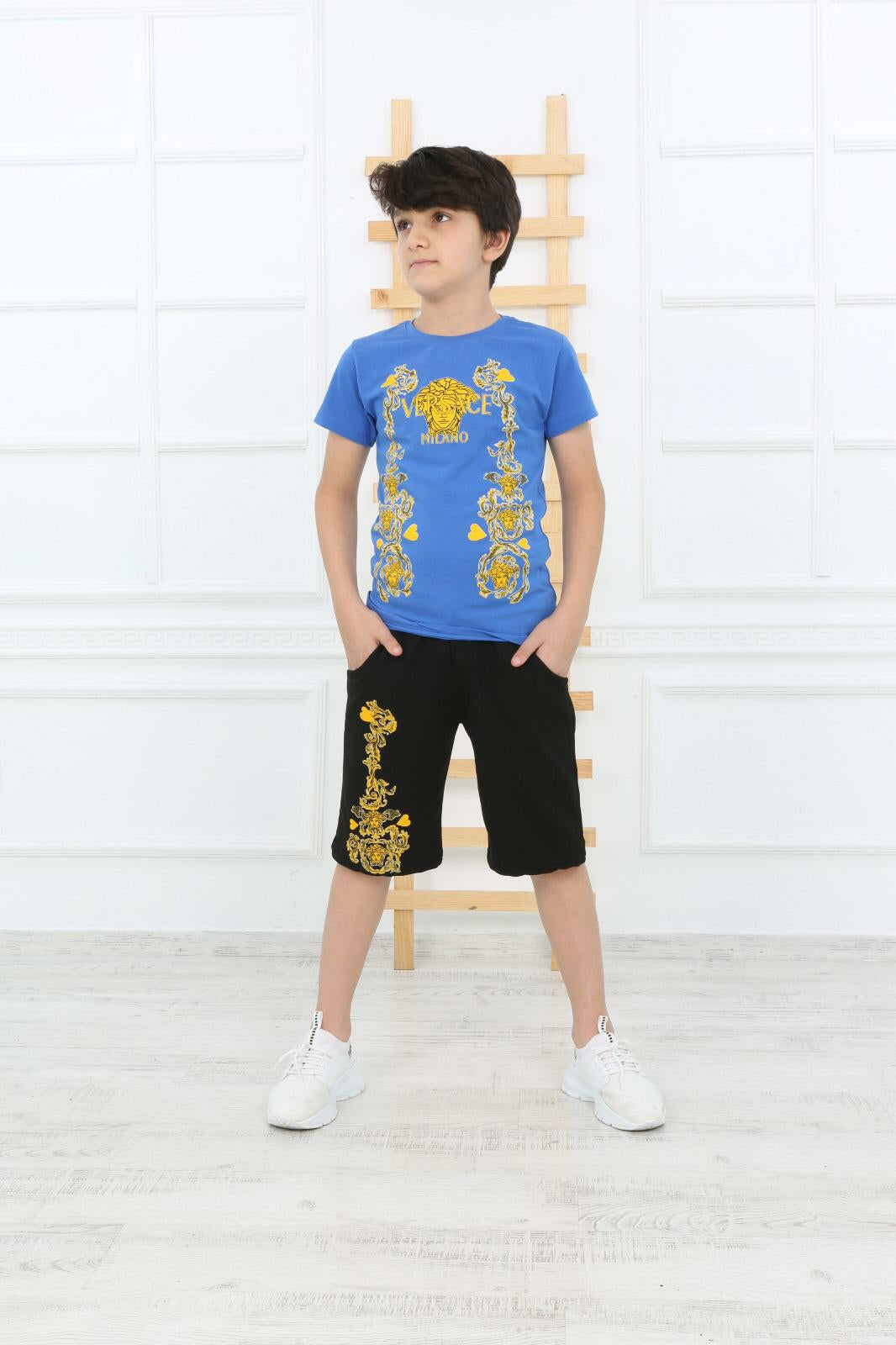 Casual T-Shirt Shorts Versace for Boys Set - Blue TK6620 Casual T-Shirt Shorts Versace for Boys Set - Blue TK6620