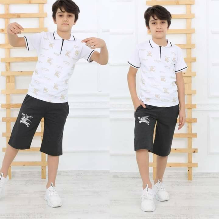 Boys Casual Burberry T-Shirt Shorts Set - White TK5500 - Tuzzut.com Qatar Online Shopping