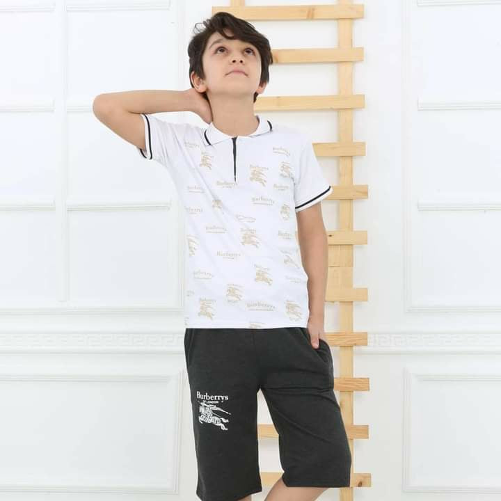 Boys Casual Burberry T-Shirt Shorts Set - White TK5500 Boys Casual Burberry T-Shirt Shorts Set - White TK5500