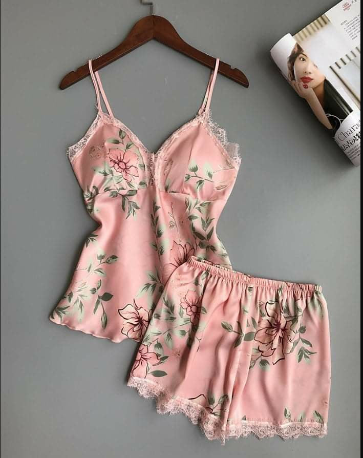 Women’s Floral Printed Lace-Trim Pajama Set (Cami Top + Shorts) Women’s Floral Printed Lace-Trim Pajama Set (Cami Top + Shorts)