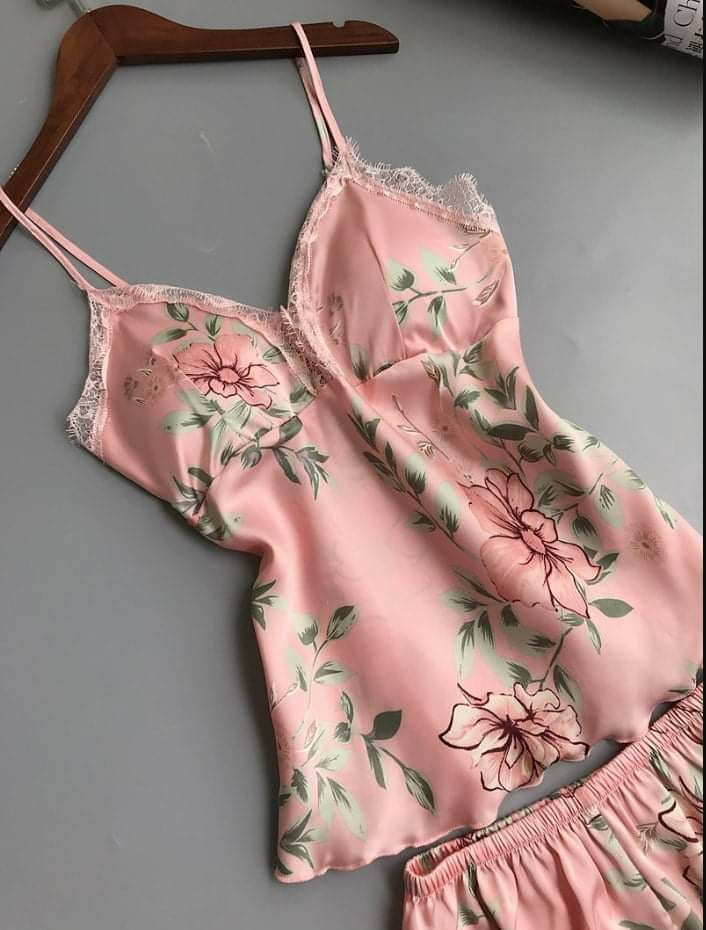 Women’s Floral Printed Lace-Trim Pajama Set (Cami Top + Shorts) Women’s Floral Printed Lace-Trim Pajama Set (Cami Top + Shorts)