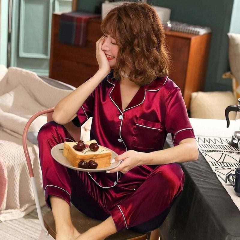Women's Silk Satin Pajama Set Collar Short Sleeve Nightgown - Tuzzut.com Qatar Online Shopping