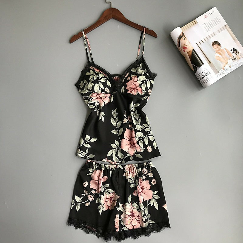 Women’s Floral Printed Lace-Trim Pajama Set (Cami Top + Shorts) Women’s Floral Printed Lace-Trim Pajama Set (Cami Top + Shorts)