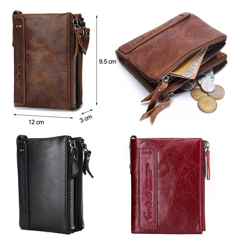 Contact's Vintage Crazy Horse Cowhide Genuine Leather Wallet Double Zipper Coin Purse - N0029 - Tuzzut.com Qatar Online Shopping