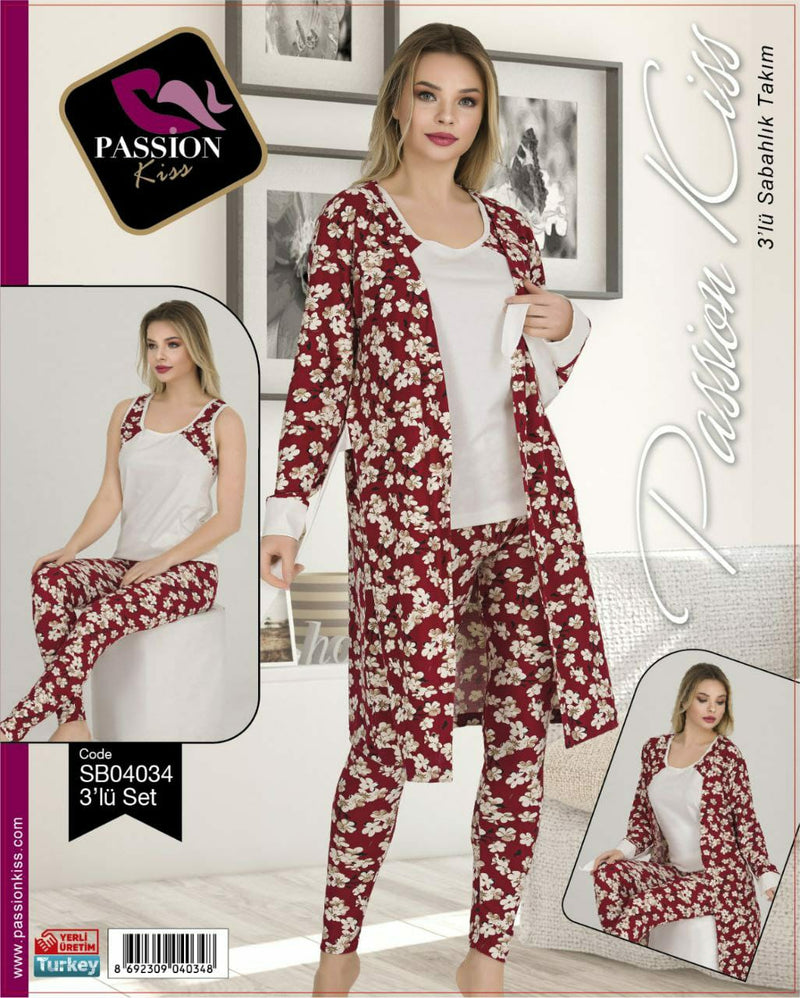 Women's Nightwear with Gown 3 Pcs Set - SB04034 - Tuzzut.com Qatar Online Shopping
