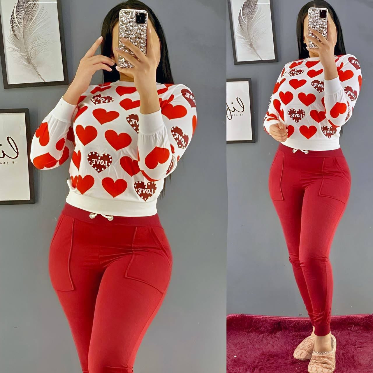 Turkish Pearl Decorated Printed Long Sleeve Top & Pant - Red Turkish Pearl Decorated Printed Long Sleeve Top & Pant - Red