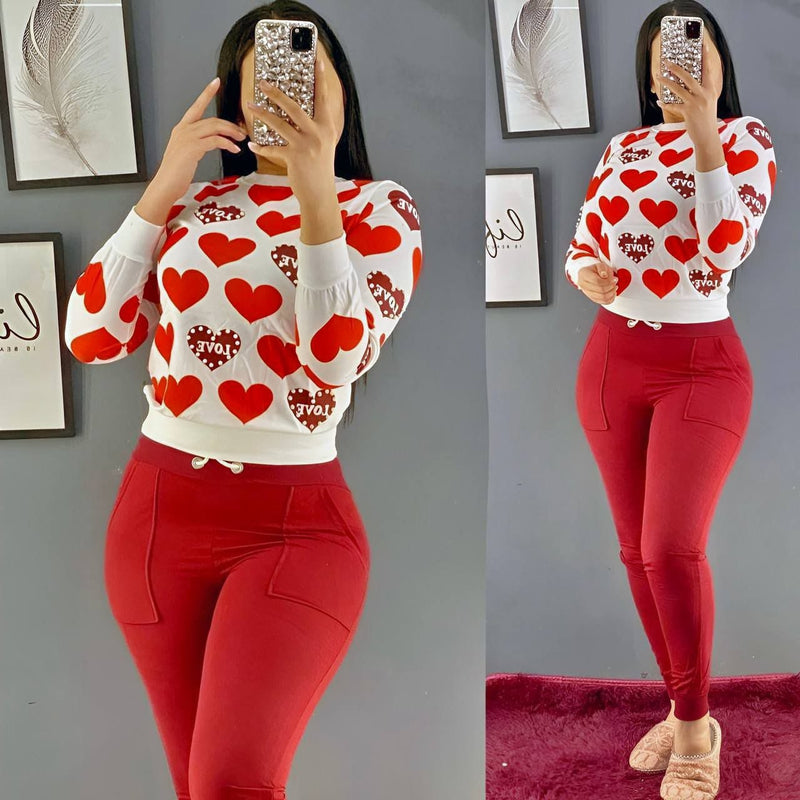 Turkish Pearl Decorated Printed  Long Sleeve Top & Pant - Red - Tuzzut.com Qatar Online Shopping