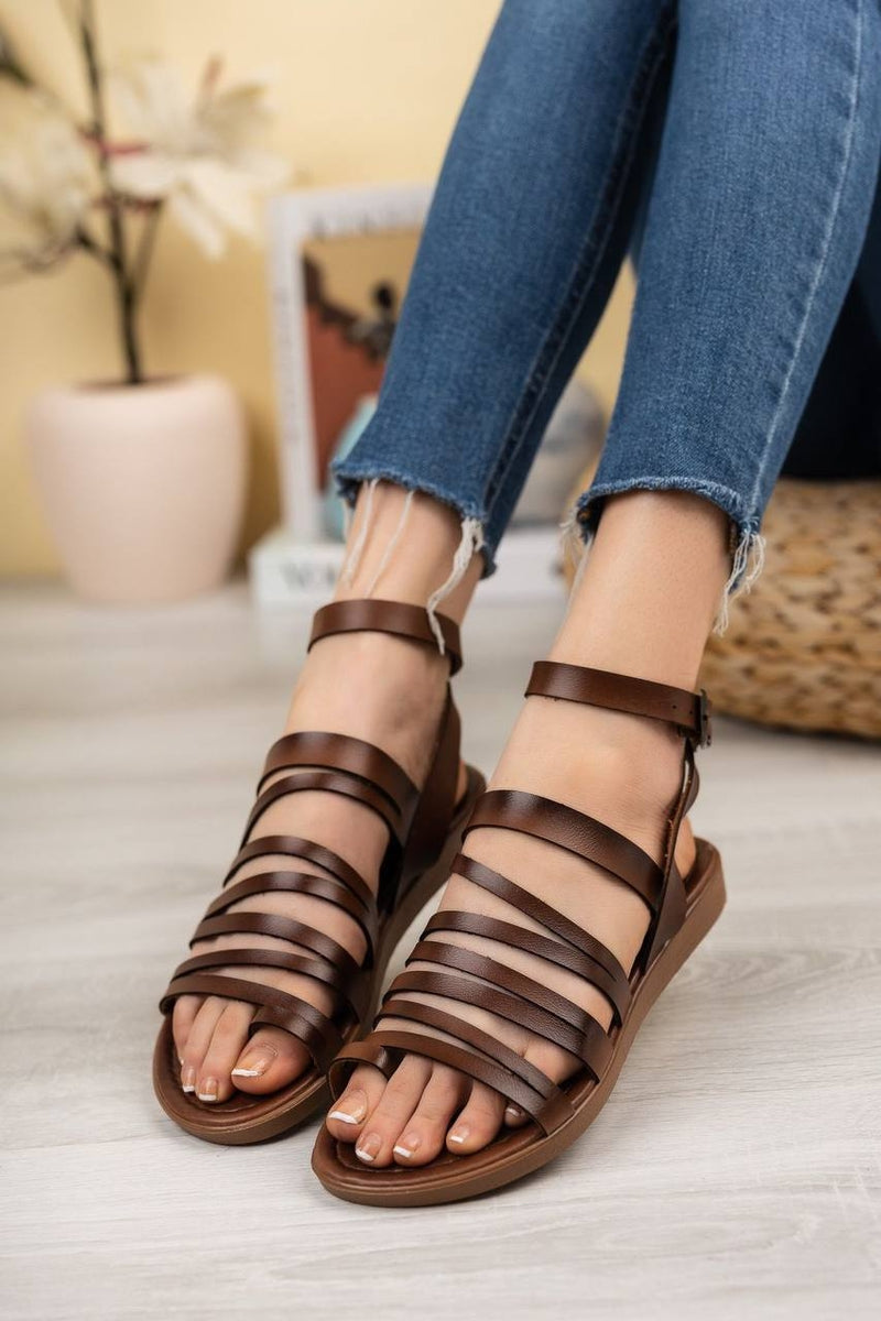 Women's Leather Strappy Cute Sandals 3003 - Brown - Tuzzut.com Qatar Online Shopping