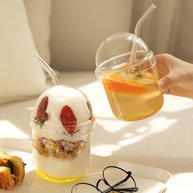 Cute Bobo Glass Cup With Lid and Straw Transparent Bubble Tea Cup Juice Glass Beer Can Milk Mocha Cups Breakfast Mug - Tuzzut.com Qatar Online Shopping