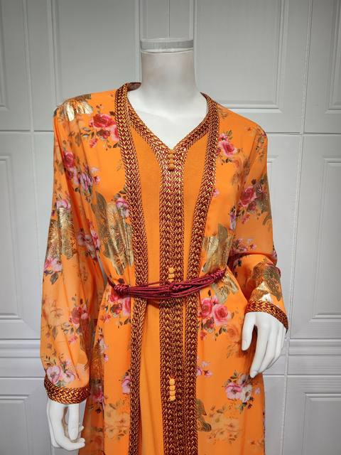 Chiffon Print Belted Kaftan Gown Modestwear Abaya Dress - Tuzzut.com Qatar Online Shopping