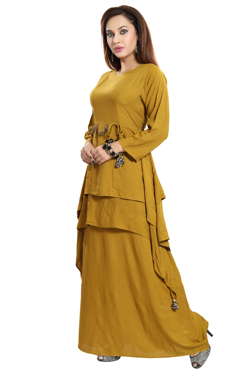 Women Mustard Layered Solid Maxi Dress - Tuzzut.com Qatar Online Shopping