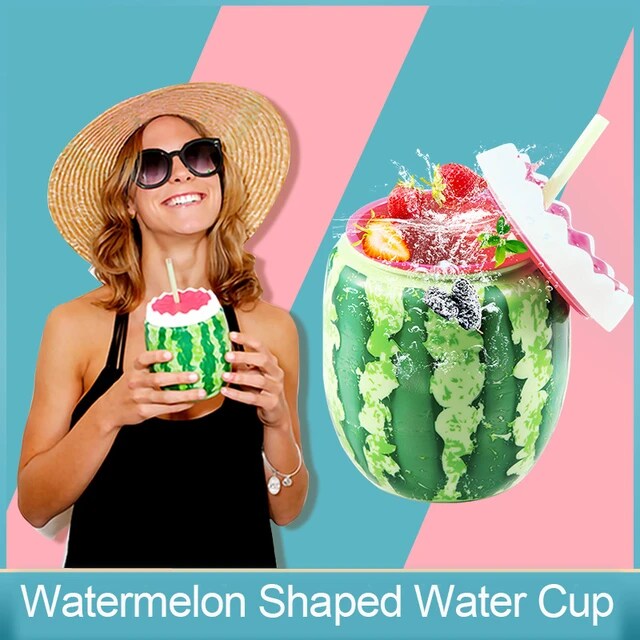 Watermelon Fruit Shaped Plastic Water Bottles Cute Summer Portable Beach Cup With Straws - Tuzzut.com Qatar Online Shopping