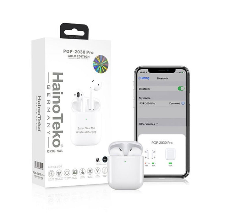 Haino Teko POP 2030 Pro Gold Edition Bluetooth Earphone with Case + Wireless Charger - Tuzzut.com Qatar Online Shopping