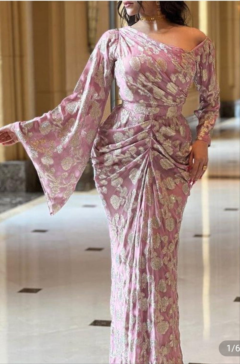 Gold Pink Print Nipped Waist Chiffon Dress - Tuzzut.com Qatar Online Shopping