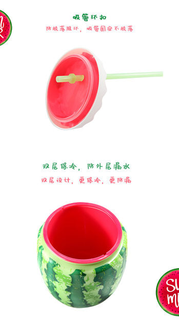 Watermelon Fruit Shaped Plastic Water Bottles Cute Summer Portable Beach Cup With Straws - Tuzzut.com Qatar Online Shopping