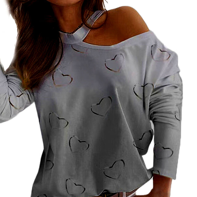 Sexy Women One Shoulder Pullover Female Knit Blouse Women Long Sleeve Hollow Out Grey Color Blouse Love Heart Print One Shoulder Pullover S3283791 - Tuzzut.com Qatar Online Shopping