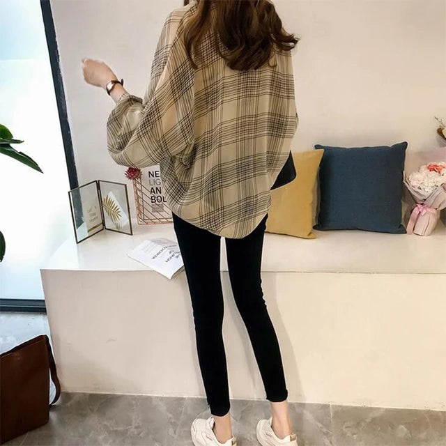 Spring Autumn Vintage Classic Plaid Polo-neck Casual Blouse Femme Long Sleeve Loose Cardigan Shirt M X3497407 Spring Autumn Vintage Classic Plaid Polo-neck Casual Blouse Femme Long Sleeve Loose Cardigan Shirt M X3497407
