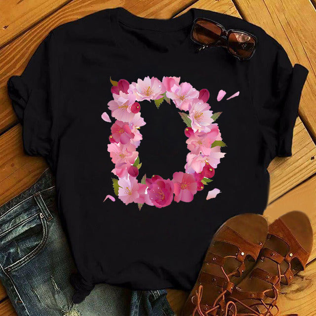 Spring Alphabet with Pink Flowers D Print T Shirt Women T Shirt Customize Name T Shirt Short Sleeve Female Woman Tee Top S4658281 - Tuzzut.com Qatar Online Shopping
