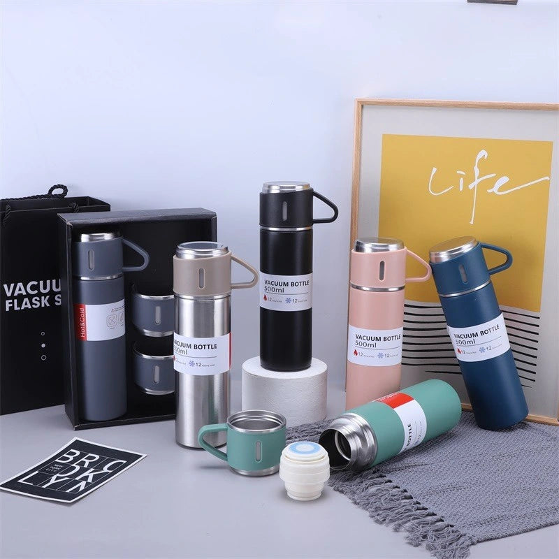 500ml 3 in 1 Stainless Steel Vacuum Flask Bottle With Cup Set - Business Gift Set