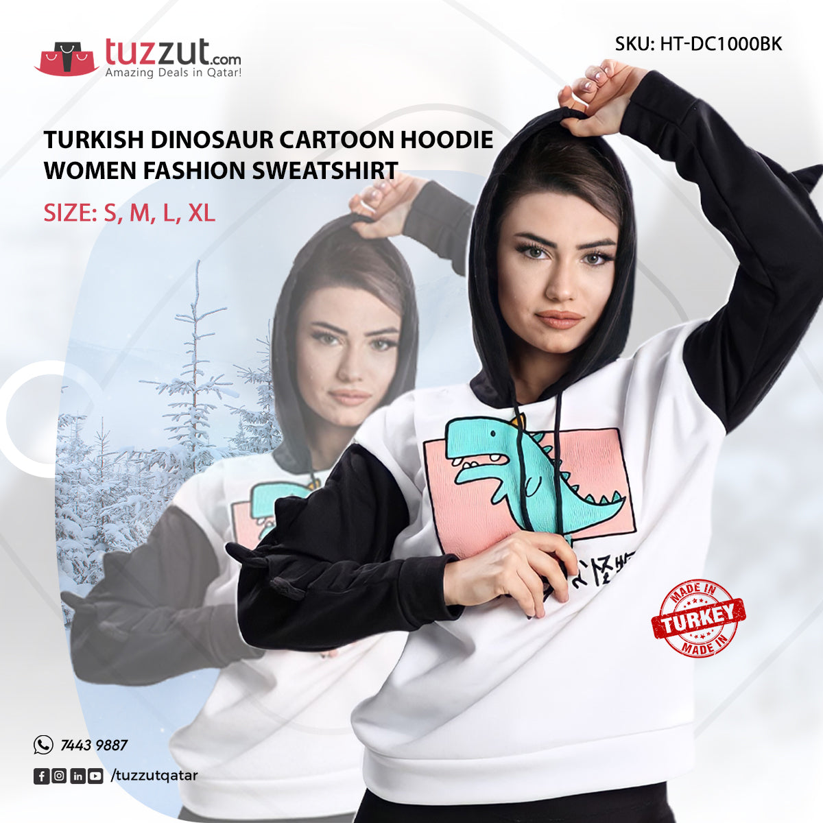 Turkish Dinosaur Cartoon Hoodie Women Fashion Sweatshirt - Black Turkish Dinosaur Cartoon Hoodie Women Fashion Sweatshirt - Black