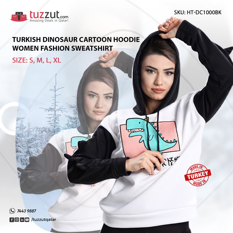 Turkish Dinosaur Cartoon Hoodie Women Fashion Sweatshirt - Black - Tuzzut.com Qatar Online Shopping