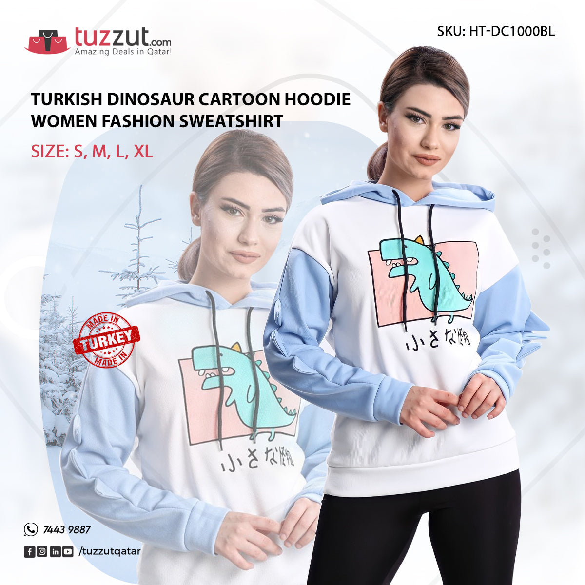 Turkish Dinosaur Cartoon Hoodie Women Fashion Sweatshirt - Blue Turkish Dinosaur Cartoon Hoodie Women Fashion Sweatshirt - Blue