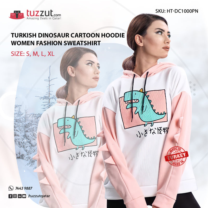 Turkish Dinosaur Cartoon Hoodie Women Fashion Sweatshirt - Pink - TUZZUT Qatar Online Store